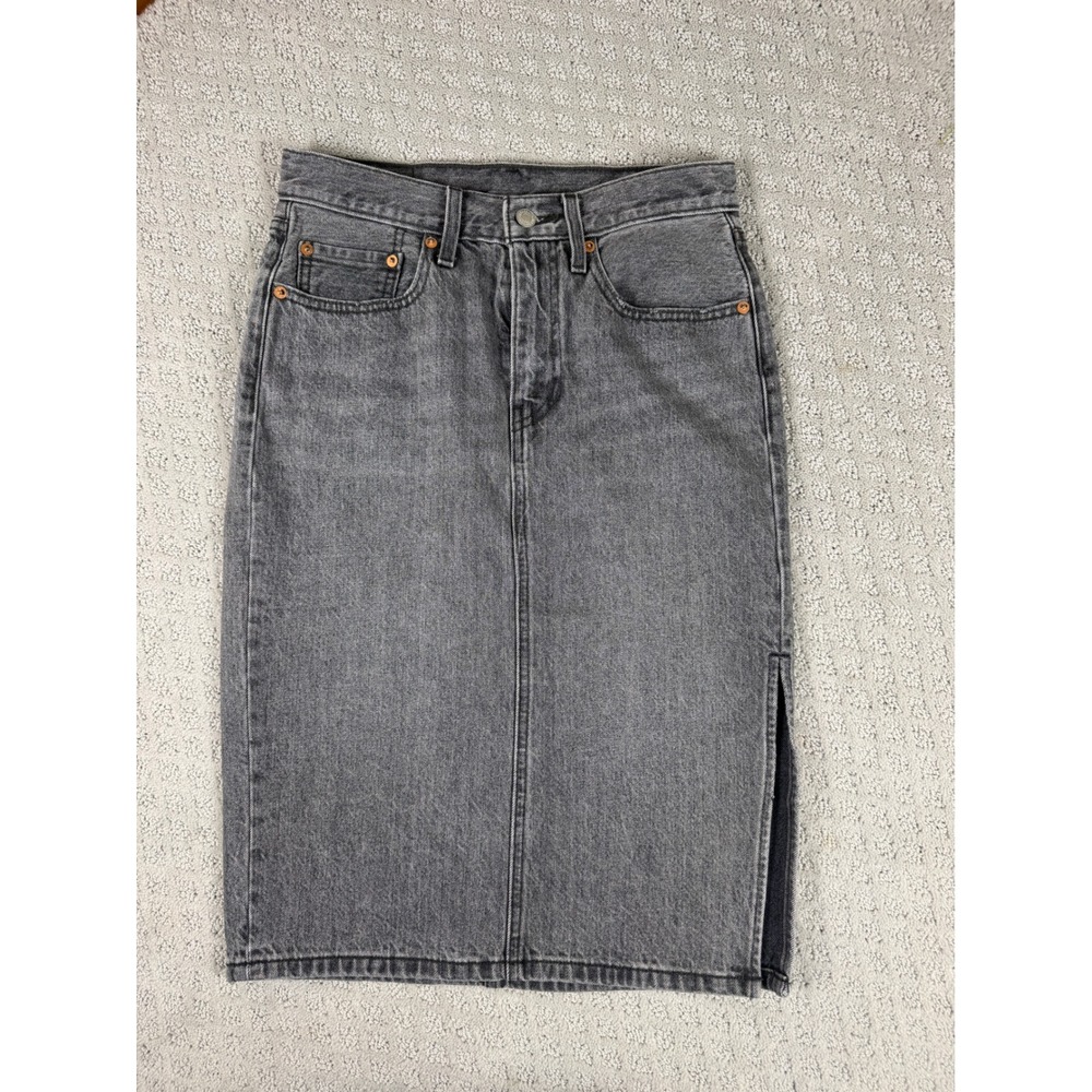 Levis Gray Denim Midi Skirt High Waisted Side Slit Charcoal‎ 27 Western Y2K